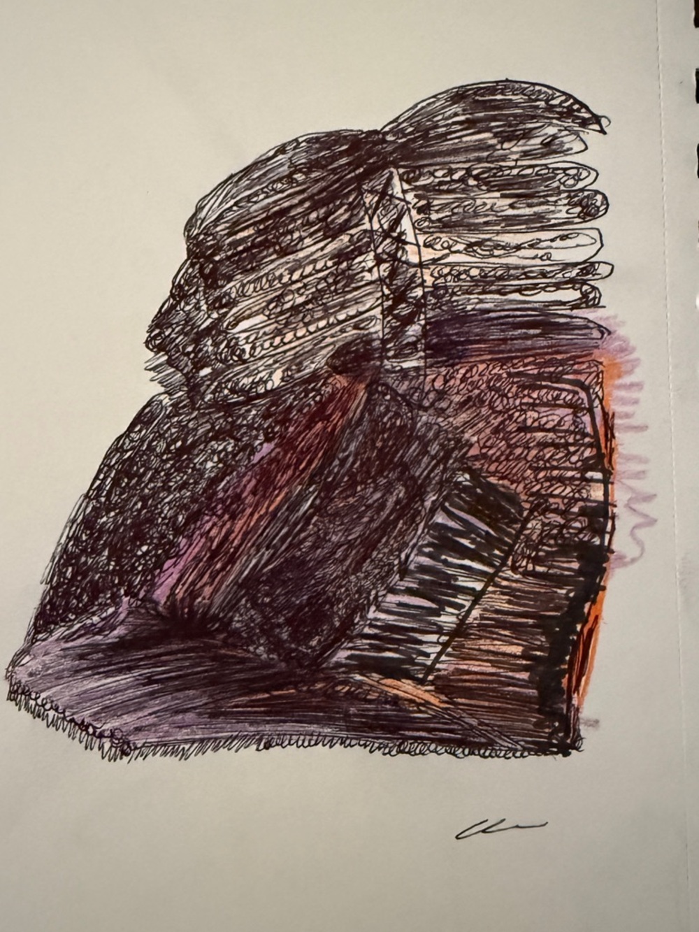 Contemporary Abstract Portrait artwork in Black and Purple with Orange Accent